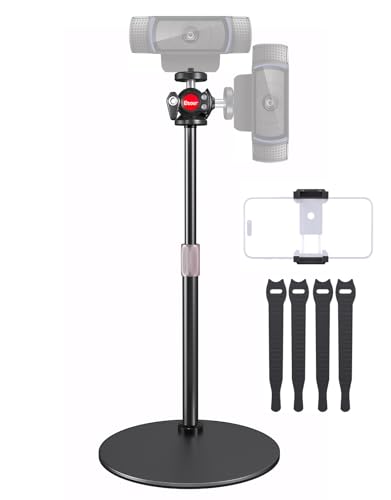 Webcam Stand for Desk, 360° Ballhead, Height Adjustable Tripod, 1/4 Thread | Stable Metal Base, With Phone Holder, Fits Logitech C922/C930e/C920/C920x/C615/C960/BRIO 4K, NexiGo N60, GoPro, Easy Setup - size: 9.2–15.5"H (7.09" dia base)