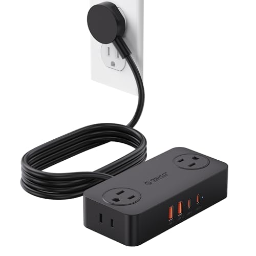 ORICO Power Strip with USB Ports, 5Ft Flat Plug Extension Cord | 8 in 1 Multiple Outlets(AC*4, USB-C*2, USB-A*2) for Desk,Small Charging Station for Home, Office, Dorm, Room - CPR20 Black - color: Black