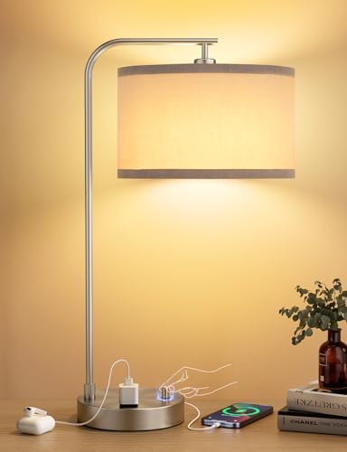Innqoo Gray Side Table Lamp with USB Port and Outlet, Dimmable Nightstand Bedside Lamps with Linen Lampshade, Desk Lamp for Bedroom, Living Room, Guest Room, Home Office, LED Bulb Included - color: Silver
