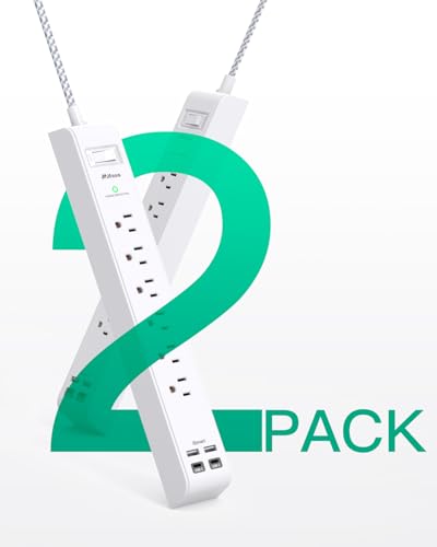 Mifaso 2 Pack Power Strip, 12FT Long Extension Cord, 1080J Surge Protector - size: 12FT, style: Braided Cord & Right Angle Plug