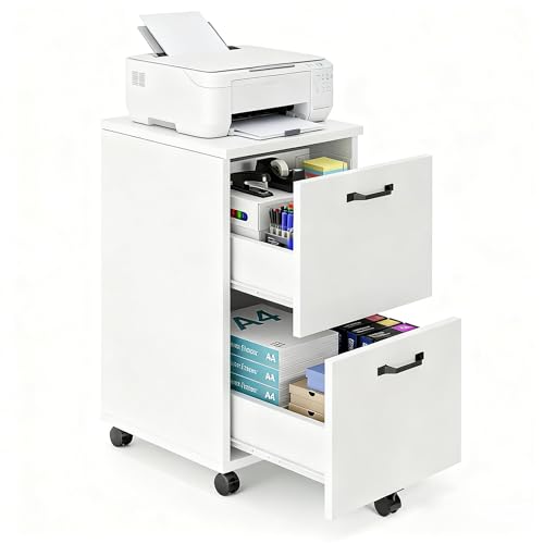 Simple Deluxe 2 Drawer Filing Cabinet, Wood Rolling Filing Cabinets with Printer Stand, Under Desk Storage Lockable Wheels, Home Office Organizer for A4 Letter Legal Size Documents,White - color: White, size: 15.7"D x 16.5"W x 27.6"H (2 Drawers)
