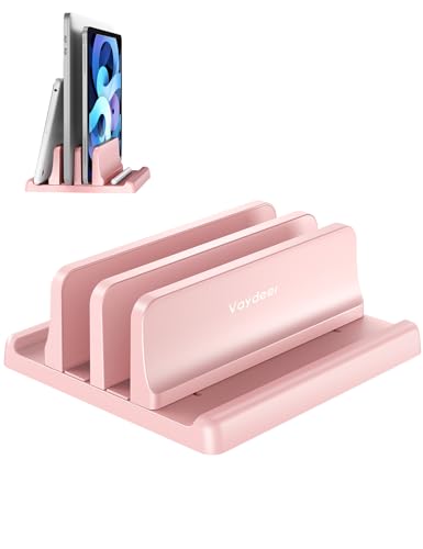 Vaydeer Vertical Laptop Stand for Desk, Dual Slots Plastic Laptop Holder with Space Saving 4-in-1 Design, Adjustable Laptop Stand Supports MacBook, Chromebook, Surface, Dell (Pink) - color: Pink