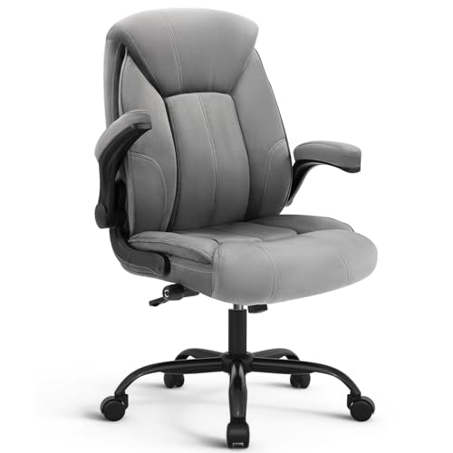 Executive Office Chair,Big and Tall Ergonomic Desk Chair with Adjustable Lumbar Support, Comfortable Computer Chair wih Flip-up Arms and Wheels, Gray - color: Gray Fabric
