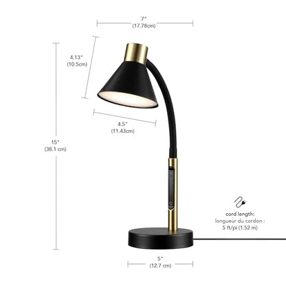 Globe Electric 62000034 15" LED Integrated Desk Lamp, Matte Black, Brass Accent, Adjustable Gooseneck, Dimmable, 3 Color Temperature, 7.5W, 90 CRI, 400 Lumens, Reading Light, Dorm Room Essentials - color: Matte Black, Albert