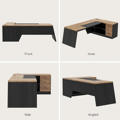 L-Shaped Executive Desk with Drawer, Oak Black | 78Inch Large Home Office Desk, Large Modern Home Office Desk, Big Wooden Business Furniture for CEO Boss - color: Oak