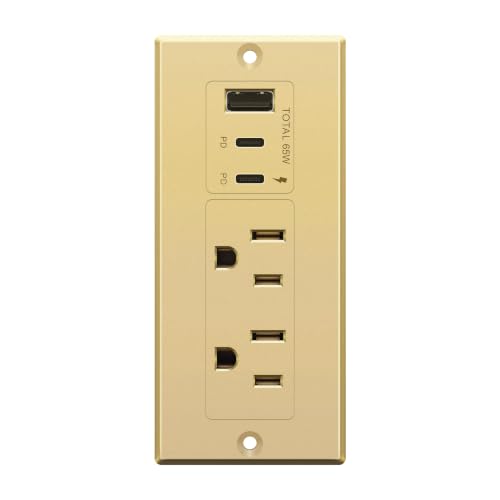 LIDER Rectangle Desktop Power Grommet with USB-C PD60W & USB-A, USB Combined Output 65W, 12A AC Outlets, Auto-Slide Cover, 6.5ft Cord, Desk Charging Station, ETL Listed, Thermoplastic, Matte Gold - color: Gold, size: 65W USB 1A2C