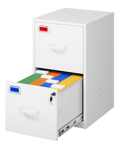 PEUKC 2 Drawer File Cabinet with Lock, 25.4" High Vertical Filing Cabinet, 17.7" Deep Metal Storage Cabinets for Home Office, Letter/Legal/A4/F4 Size, White(Assemble Required) - color: White, size: 25.4"H