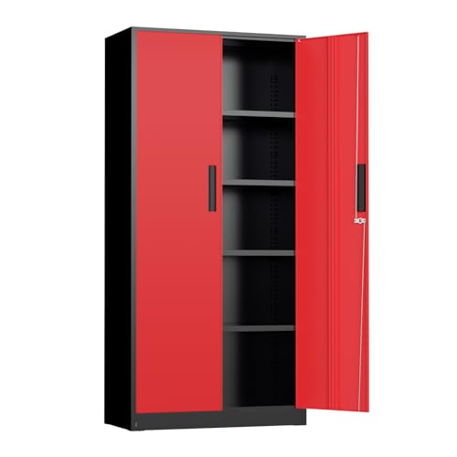 Metal Storage Cabinet, 72" Locking Steel Cabinets with 2 Door and 4 Adjustable Shelves, Tall Metal Cabinet for Home Office, Garage, Warehouse, Black Red - color: Red, size: 71" High