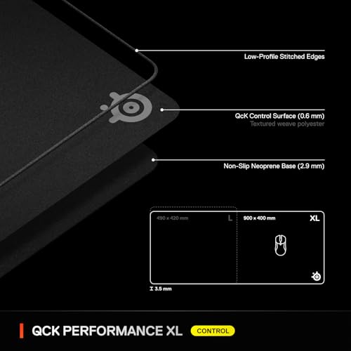SteelSeries QcK XL Performance Control Gaming Mousepad — Extra Density for a Smooth Glide — Low-Profile Edge Stitching — Non-Slip Neoprene Rubber Base — 15.75 x 34.43 inch — FPS, MOBAs, RTS, MMO - size: XL, style: Control