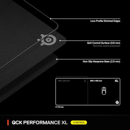 SteelSeries QcK XL Performance Control Gaming Mousepad — Extra Density for a Smooth Glide — Low-Profile Edge Stitching — Non-Slip Neoprene Rubber Base — 15.75 x 34.43 inch — FPS, MOBAs, RTS, MMO - size: XL, style: Control