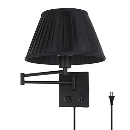17" Swing Arm Wall Lamp USB & AC Outlet, Dimmable, Black - color: Black