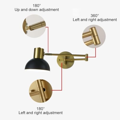 Modern Iron Swing Arm Wall Sconce Gold and Black Adjustable Wall Lamp Fixture for Bedroom Bedside Living Room Reading Mid Century Industrial Wall Mounted Lighting E26 Base Hardwired(Black) - color: Black