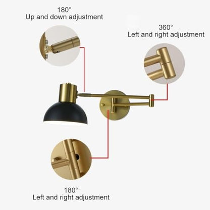 Modern Iron Swing Arm Wall Sconce Gold and Black Adjustable Wall Lamp Fixture for Bedroom Bedside Living Room Reading Mid Century Industrial Wall Mounted Lighting E26 Base Hardwired(Black) - color: Black