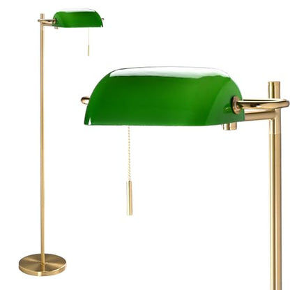 Vintage Modern Bankers Reading Floor Lamp, Gold Metal Standing Lamp with Adjustable Swing Arm, Swivel Green Glass Lampshade and Pull Chain for Living Room, Reading Nook, Office, Bedroom