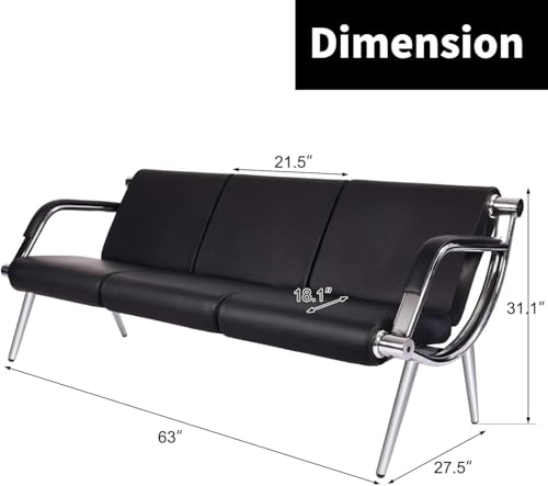 Kinsuite 2pcs 3-Seat Office Reception Waiting Room Chairs - Guest & Reception Chairs for Salon Barber Bench Airport Bank Hall Visitor Guest Black PU Leather Office Sofa, Black - size: 3-seat*2