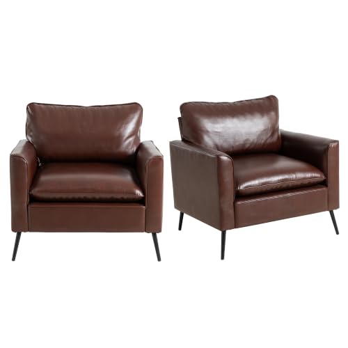 Okeysen Modern Leather Chairs, Oversized Arm Sofa, Mid-Century Accent Chair for Waiting Room and Bedroom Comfy, Upholstered Single Sofa Reading Chair - color: Reddish Brown, size: set of 2