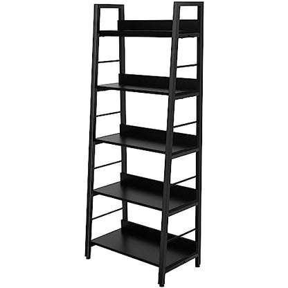 BATHWA 5 Tier Book Shelf, Black Industrial Open Wood and Metal Ladder Bookshelf, 59''H 24''W Wooden Ladder Shelf for Small Places, Living Room, Bedroom - color: Black, size: 1pack-59"H x 23.6"L x 13.8"D