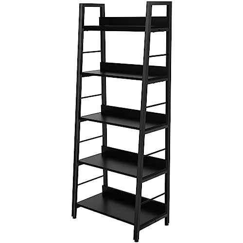 BATHWA 5 Tier Book Shelf, Black Industrial Open Wood and Metal Ladder Bookshelf, 59''H 24''W Wooden Ladder Shelf for Small Places, Living Room, Bedroom - color: Black, size: 1pack-59"H x 23.6"L x 13.8"D
