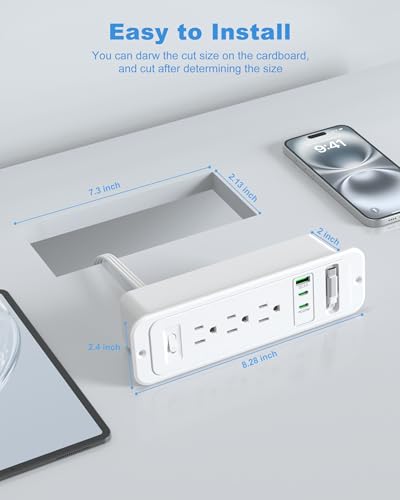 Recessed Power Strip with Retractable USB C Cable,2 PD 20W USB C,Flush Mount Countertop Drawer Outlet, Furniture Hidden Outlet for Side Table,End Table,3 Outlets (White, 6FT-20W USB) - color: White, size: 6FT-20W USB