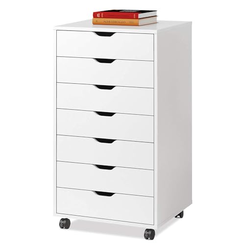 DEVAISE 7-Drawer Office File Cabinets, Mobile Craft Storage Cabinet, White | Wood Drawer Unit, Storage Cabinet, Rolling Cart, Printer Stand, Filing Cabinet with Drawers - color: White, size: 15.7"D x 18.7"W x 34.5"H