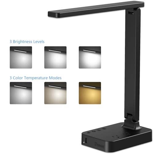 Drevet LED Desk Lamp for College Dorm Room, Desk Light with 1 USB Charging Port 2 AC Power Outlet, 3 Lighting Modes, 3 Level Brightness Touch Lamp, Eye-Caring Home Office Foldable Table Lamp - color: Black Classic 1USB/2AC