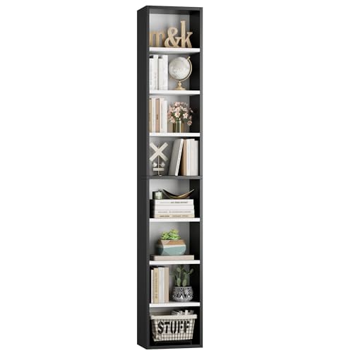 FOTOSOK Bookshelf Bookcase 8-Tier Narrow Bookshelf Tall CD Media Tower Rack | 11.6 X 9.3 X 70.9 Bookshelf, Tall Narrow Slim Skinny Display Bookcase with Cube Storage and 4 Adjustable Shelves, Black/White - color: White/Black