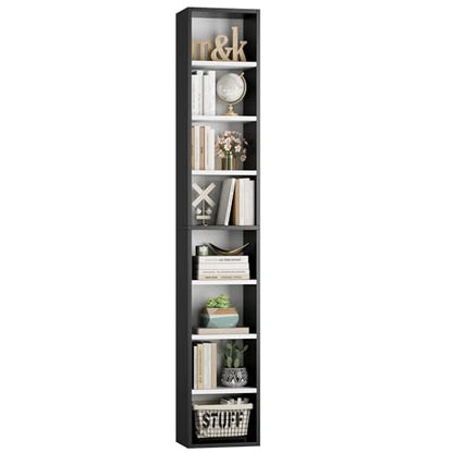 FOTOSOK Bookshelf Bookcase 8-Tier Narrow Bookshelf Tall CD Media Tower Rack | 11.6 X 9.3 X 70.9 Bookshelf, Tall Narrow Slim Skinny Display Bookcase with Cube Storage and 4 Adjustable Shelves, Black/White - color: White/Black