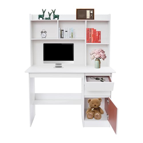 Computer Work Desk,Simple Style Writing Desk with Filing Cabinet,Study Table with Hutch,Workstation Table with Drawer Cabinet Shelf (Warm White, 39.37 * 15.74 * 55.9in)