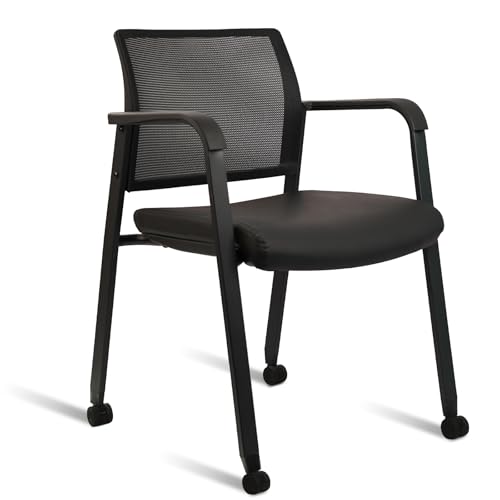 CLATINA Stacking Office Chair with Wheels, Mesh Back Waiting Room Guest Chairs with Arms Comfortable Leather Cushion Stackable Desk Chair for Conference Reception School Side Stationary, Black - color: Withwheels Black Leather, size: 1 pack