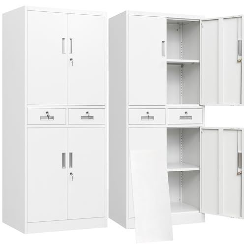 BESFUR Metal Storage Cabinet with 2 Drawers 4 Doors and 2 Adjustable Shelves Garage Storage Cabinet with Lock 71" Office Storage Cabinets Locking Cabinets for Garage Office Shop Home (White) - color: White, size: 71"H x 31.5"W x 15.8"D