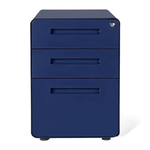Laura Davidson Furniture Stockpile 3 Drawer File Cabinet with Lock - Under Office Desk Metal Filing Cabinet, Legal/Letter File Folders, Wheels and Stationary Feet, Pre-Assembled, Navy Blue - color: Navy Blue