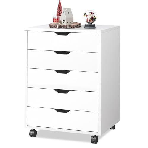 DEVAISE 5-Drawer Filing Cabinet Under Desk, Storage file Cabinet, White | Wood Drawer Unit, Craft Storage Cabinet, Office Rolling Cart, Printer Stand - color: White, size: 15.7"D x 18.7"W x 25.5"H