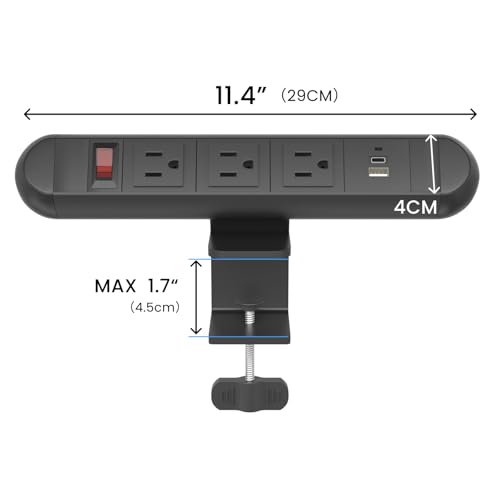 FOH Aluminum Desk Clamp Power Strip, 3 Port Clamp 1875W, 6FT Cable | Multi-Contact USB Power, Power Socket Surge Protector with Switch, 3 in 1 Desk Stand with 3CA, with USB-A & USB-C, Round - size: Round