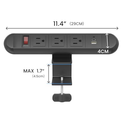 FOH Aluminum Desk Clamp Power Strip, 3 Port Clamp 1875W, 6FT Cable | Multi-Contact USB Power, Power Socket Surge Protector with Switch, 3 in 1 Desk Stand with 3CA, with USB-A & USB-C, Round - size: Round