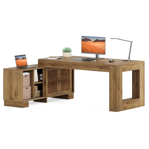 LITTLE TREE L Shaped Executive Desk, Large 63" Executive Desk with File Cabinet, Modern L Shaped Desk, Corner Computer Desk for Home Office & Business Furniture Workstation, Brown - color: Brown