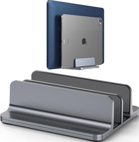 YICOSUN Dual-Slot Aluminum Vertical Laptop Stand for Desk - Adjustable Width Dock for MacBook, Surface, Samsung, HP, Dell up to 17.3 inches - Space-Saving & Protective Design - Gray - color: Gray, size: 2-Slot