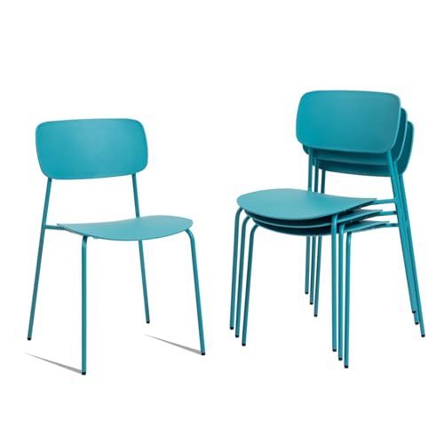 Sidanli Armless Stacking Chairs, Blue, Set of 4 | Ergonomic Plastic Seat, Waterproof, with 2MM Thicken Metal Legs, for Conference Reception Dining Room, Easy to Stack - color: Blue