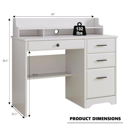 4 EVER WINNER White Desk with Drawers, 44 Inch Small Computer Desk with File Drawer and Monitor Stand, Wood Desk with Storage Shelf for Small Spaces, Living Room, Bedroom, White - color: Pure White