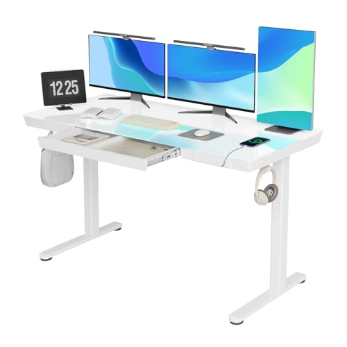 INNOVAR Glass Standing Desk with Drawers & USB Ports,55 inch Whole-Piece Glass Top Adjustable Height Desks, Quick-Install Electric Sit-Stand Up Desk for Home Office & Computer Workstation, White - color: Super White, size: 55 inch with USB