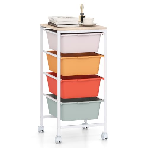 GOFLAME 4-Drawer Rolling Storage Cart, Craft Storage Cart with Wooden Tabletop and Lockable Wheels, Art Cart Supply Storage Organizer with Metal Frame for Home Office Classroom, Macaron Color - color: Macaron Color, size: 4-Drawer with Wood Top