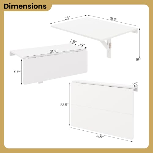 ERGOMASTER Wall Mounted Folding Desk, 31.5" Fold Down Drop Leaf Floating Murphy Desk, Space Saving Wall Table for Laundry, Home, Office & Kitchen (White) - color: White