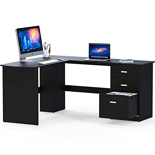 SHW L-Shaped Home Office Wood Corner Desk w/Box Box File Drawers, Black | 51 x 59 Inches | 2 Pre-installed Grommets - color: Black