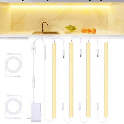 JUSJUBR Under Cabinet Lights Plug-in, 4 Pack x 12inch Warm White 3000K LED Under Cabinet Lighting, Dimmable Under Counter Lights with Memory Function, LED Light Bars for Kitchen Pantry Desk - color: Warm White, size: 4*12 Inch