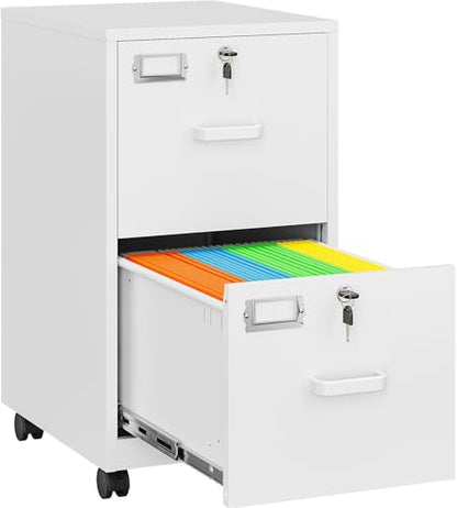 2 Drawer File Cabinet with Lock and Wheels,White Rolling File Cabinets,Locking Mobile Metal Filing Cabinet for Home Office,Under Desk,Fit A4/Letter/Legal File, Easy Assembly - color: White, style: 2 Drawer with Wheels