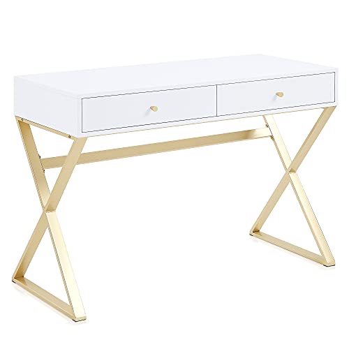 BELLEZE Modern 42 Inch Makeup Vanity Dressing Table or Home Office Computer Laptop Writing Desk with Two Storage Drawers, Wood Top, and Gold Metal Frame - Ellena (White) - color: White, size: 42" X Shape