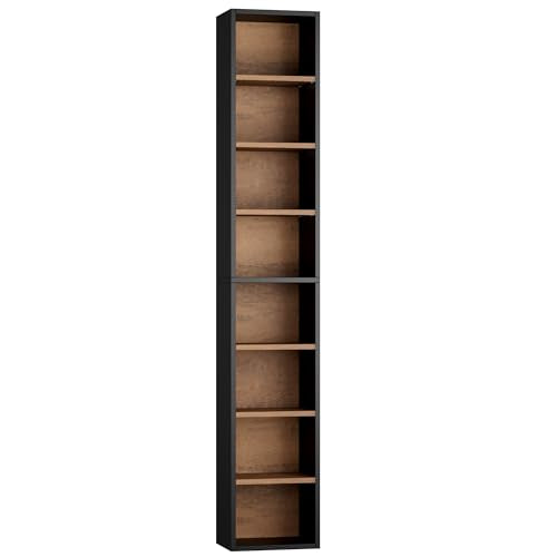 FOTOSOK Bookshelf Bookcase 8-Tier Narrow Bookshelf Tall CD Media Tower Rack | 11.6 X 9.3 X 70.9 Bookshelf, Tall Narrow Slim Skinny Display Bookcase with Cube Storage and 4 Adjustable Shelves, Black/Brown - color: Black/Brown