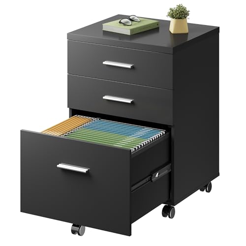 DEVAISE 3 Drawer File Cabinet for Home Office, Wood Under Desk Filing Cabinet, Rolling Printer Stand with Wheels, Black - color: Black, size: 15.7"D x 18.1"W x 25.6"H