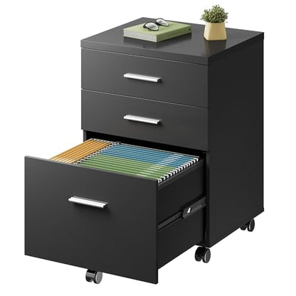 DEVAISE 3 Drawer File Cabinet for Home Office, Wood Under Desk Filing Cabinet, Rolling Printer Stand with Wheels, Black - color: Black, size: 15.7"D x 18.1"W x 25.6"H