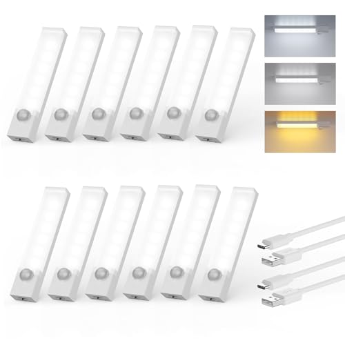 Under Cabinet Lights 12-Pack, Rechargeable Motion Sensor Light Indoor | 3 Color Dimmable Closet Light Battery Operated, USB Stick on LED Magnetic Under Counter Lights for Kitchen Stair, 4 Inches - size: 4inch-12pack