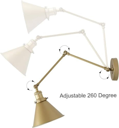 LALUZ Gold Wall Sconces Lighting 2 Pack, Modern Swing Arm Plug-in or Hardwired Adjustable Wall Lamp with Brass Finish for Bedroom, Kitchen, and Living Room - size: 12" W Gold